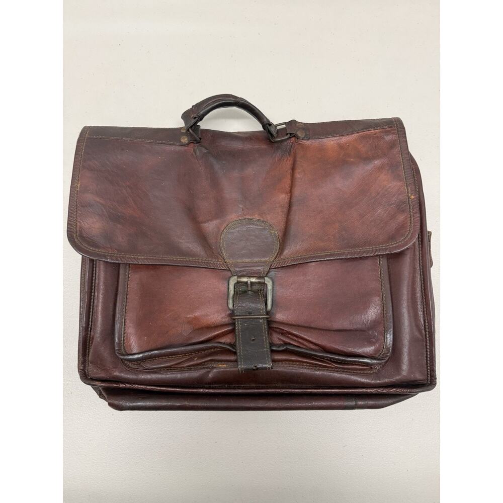 Vintage Brown Leather Messenger Bag-Distressed Patina, Brass Buckle, Green Liner